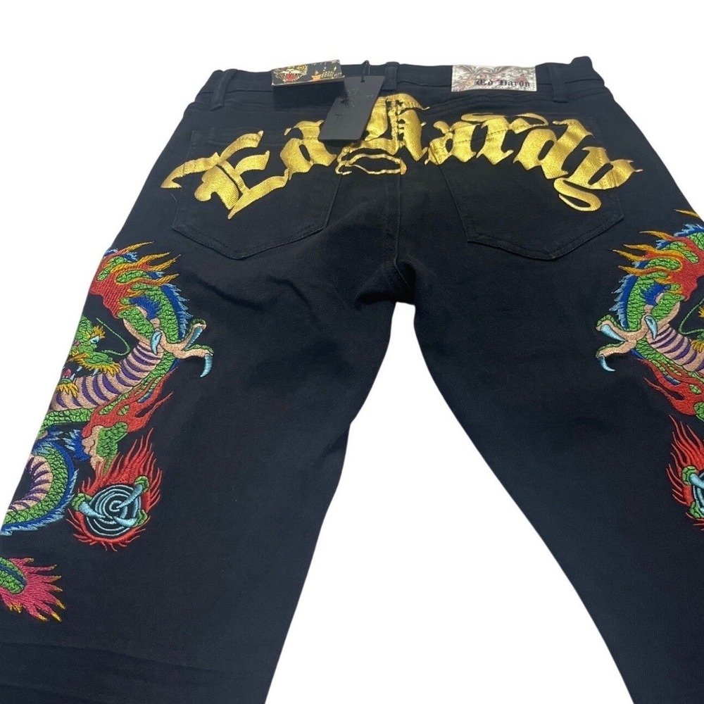 Ed Hardy Mens Dragon Embroidered Black slim Jeans embellished Y2K. 28x35 NWT